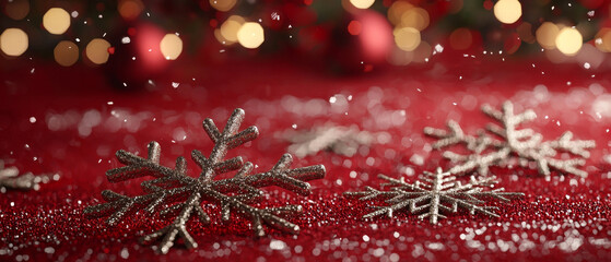 Silver glitter snowflakes on red sparkly surface, falling snow, festive bokeh