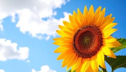 Vibrant sunflower against a bright blue sky with fluffy white clouds