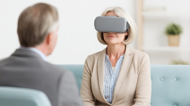 Senior Woman with VR Headset Explores Virtual Reality