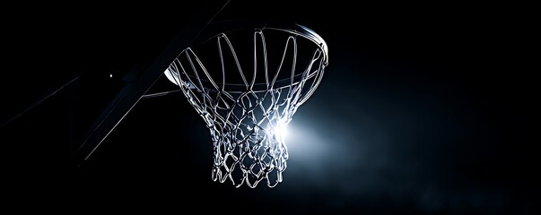 Close-up of a basketball hoop and net against a black background. A dramatic close-up of a basketball hoop and net, set against a pure black background.