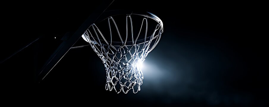 Close-up of a basketball hoop and net against a black background. A dramatic close-up of a basketball hoop and net, set against a pure black background.