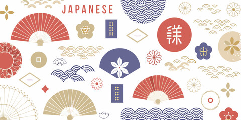 Japanese cultural elements and motifs in a flat design style