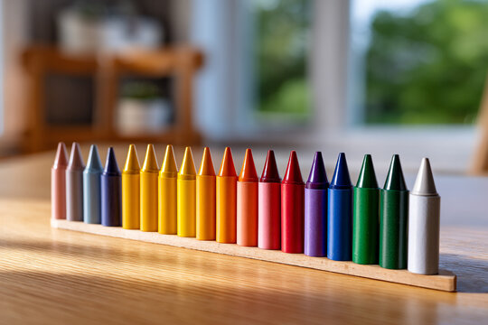 Row of Colorful Crayons on a Wooden Table in Natural Light