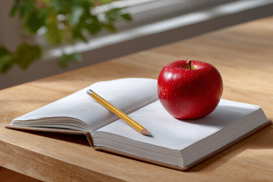 Red Apple on Open Notebook with Pencil on Wooden Desk Still Life