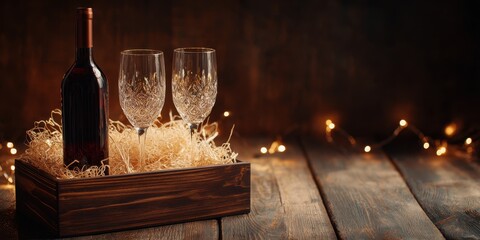 Wine bottle and glasses in a wooden box on a wooden table with fairy lights background 
