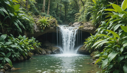 Fototapeta premium Discover serene natural beauty with a lush forest waterfall cascading into a tranquil, clear pool.