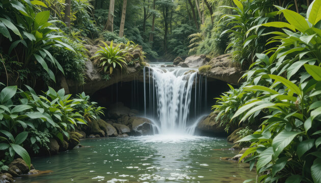 Discover serene natural beauty with a lush forest waterfall cascading into a tranquil, clear pool. - Powered by Adobe