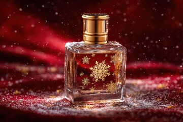 Elegant perfume bottle with festive design on a holiday themed background