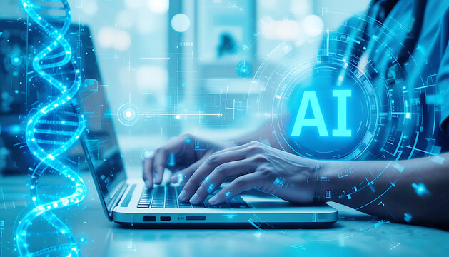 Person typing on laptop with glowing A I and D N A helix