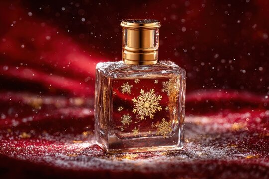 Elegant perfume bottle with festive design on a holiday themed background