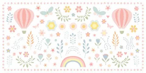 Wanddecoratie Luchtballon Whimsical pastel hot air balloons flowers butterflies and rainbow pattern  © Ripan