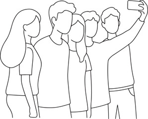 Fototapeta premium Group of friends taking a selfie together in a simple line art silhouette