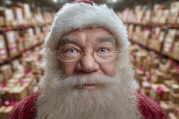 A man in a Santa hat and glasses is smiling at the camera