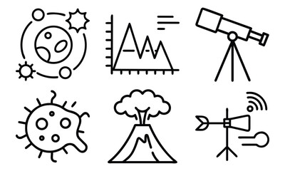 Science and Laboratory Line Icons Chemistry, Physics, Biology, Space, Robotics, Data, and Medical Vector Icon Set for Education, Research, and STEM Projects