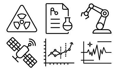 Science and Laboratory Line Icons Chemistry, Physics, Biology, Space, Robotics, Data, and Medical Vector Icon Set for Education, Research, and STEM Projects