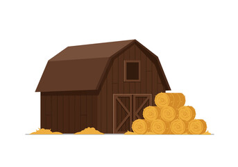 Brown barn with hay bales in front