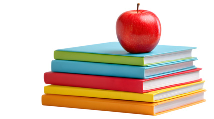A stack of colorful textbooks arranged neatly, with a red apple on top, isolated on white background