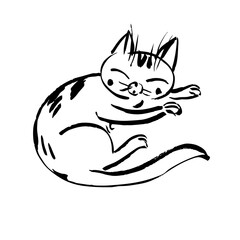 Adorable cat in sketch style, hand drawn with black ink and transferred to vector image. Minimalistic pet illustration suitable for print, cards, logos and interior design.
