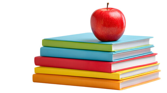 A stack of colorful textbooks arranged neatly, with a red apple on top, isolated on white background
