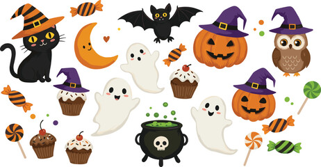 Halloween cartoon clipart, cute ghost, witch cat, pumpkin, bat, owl, candy, moon, cauldron, cupcake, spooky decorations, holiday vector