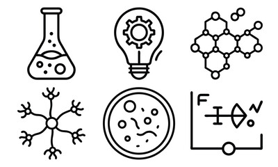 Science and Laboratory Line Icons Chemistry, Physics, Biology, Space, Robotics, Data, and Medical Vector Icon Set for Education, Research, and STEM Projects