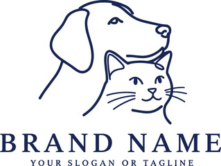 Minimalist dog and cat logo design, veterinary clinic emblem, pet care brand identity, animal outline vector illustration, modern clean line art style