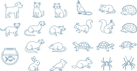 Pet animal outline icons collection, dogs, cats, birds, rodents, turtles, fish, spiders, hedgehogs, squirrels, rabbits, simple line art illustration © Ideasy Mind
