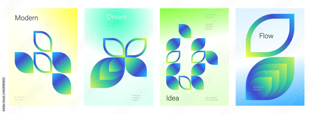 Poster leaf shape gradient poster set. modern geometric design with vibrant color transitions. template for