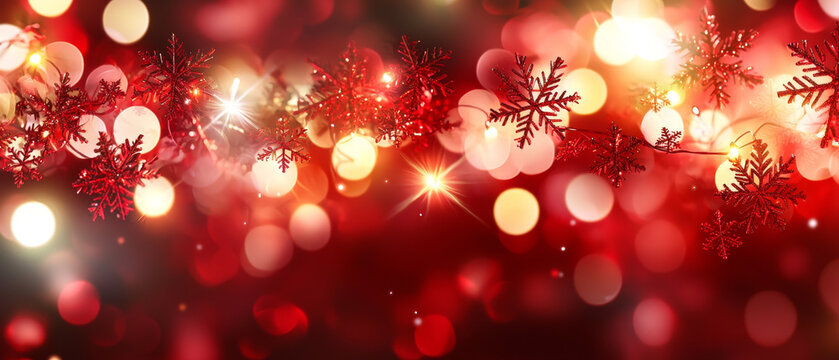 Red snowflake lights and warm bokeh create a festive holiday glow