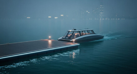 Sleek, futuristic water taxi approaching an illuminated floating dock on a misty evening with a city skyline in the background.