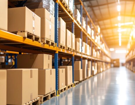 Well-lit warehouse aisle with stacked cardboard boxes on pallets