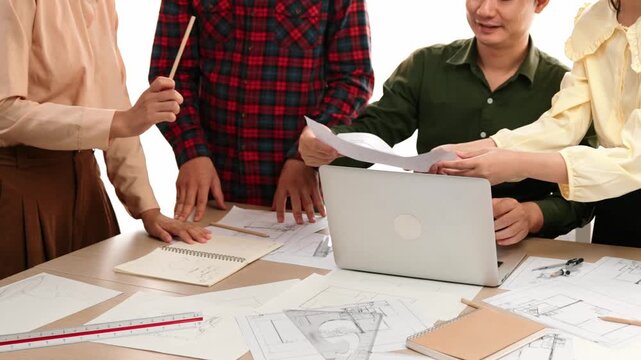 Architect and safety engineer celebrate success design building blueprint project on laptop with architectural document and measurement tool scatter around at modern office. Closeup. Delineation.