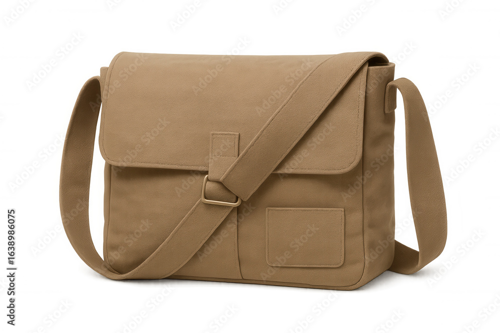 Poster studio shot of a khaki messenger bag with transparent background, perfect for showcasing designs or 