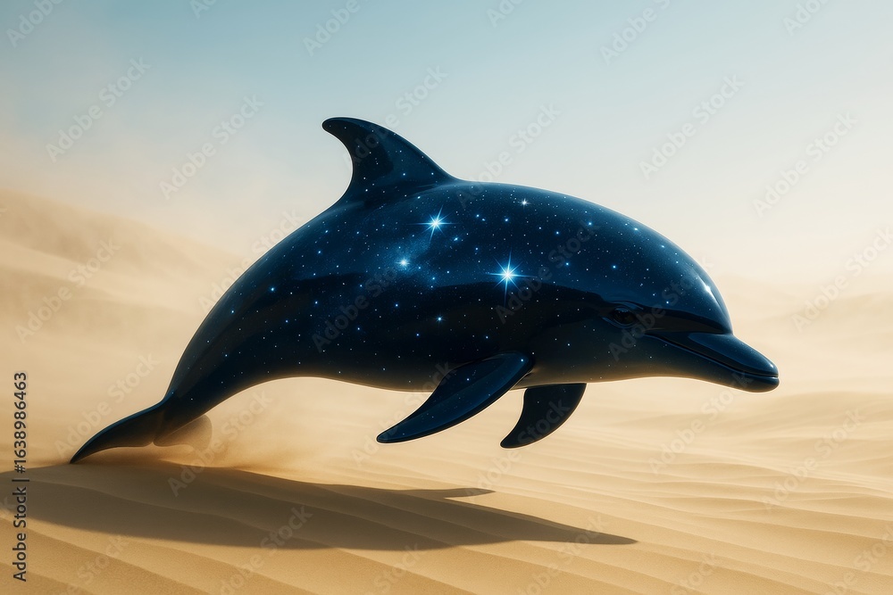 Aufkleber surreal starry dolphin floating over desert landscape under soft daylight with smooth sandy dunes an
