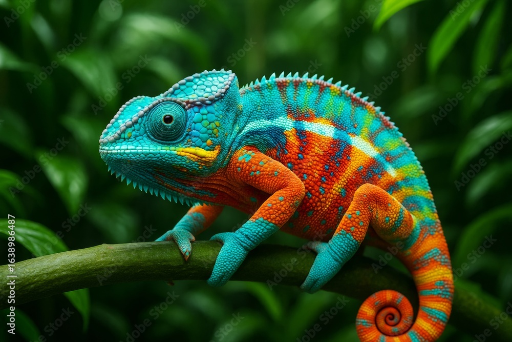 Aufkleber vivid multicolored chameleon perched on branch with lush green background in creative lighting and d