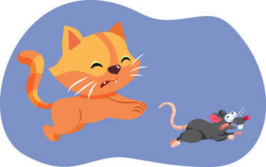 Cat Running after a Mouse Vector Cartoon Illustration. Domestic animal chasing after a rat in order to catch it  
