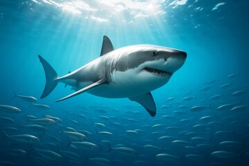Naklejka premium Great white shark swimming through a school of fish in clear blue ocean with sun rays streaming through water surface in a creative underwater scene. Ai generative