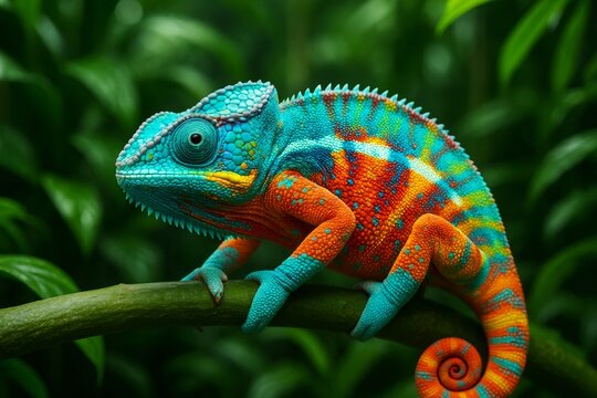 Vivid multicolored chameleon perched on branch with lush green background in creative lighting and detailed artistic style. Ai generative. Ai generative