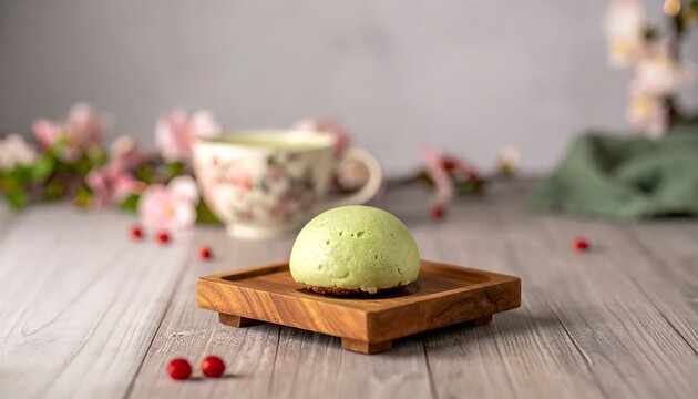 Matcha-flavored bun on wooden tray with floral teacup and decorations.