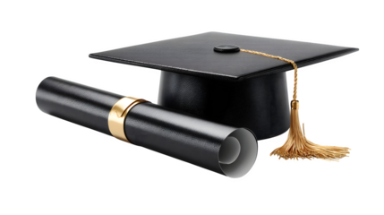 Cap and diploma set for college graduation, photorealistic, isolated on white background