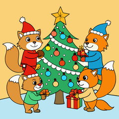 Foxes wearing santa hats decorating a christmas tree with gifts isolated on white background