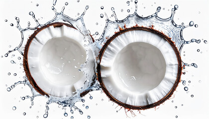 Fresh Coconut Split Open with Clear Water Splash on White Background