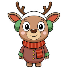 Cute reindeer wearing a scarf and earmuffs isolated on white background