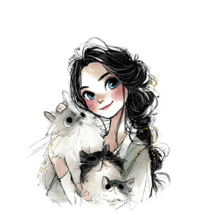 cute girl and  cats