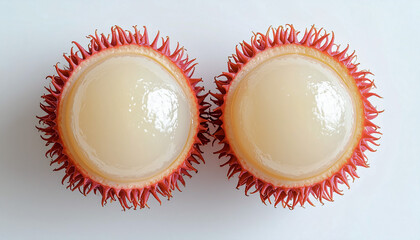 Two Halves of Peeled Rambutan Showing Translucent Flesh