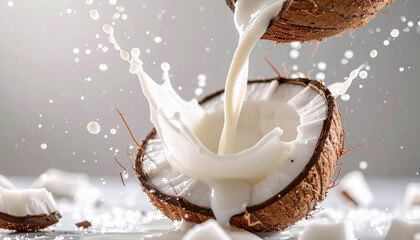 Fresh Coconut Milk Pouring into a Coconut Shell with a Splash