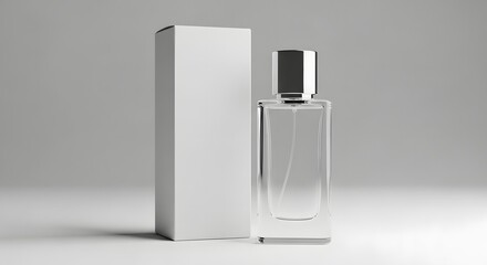perfume bottle with a silver cap next to a blank white box. Product mockup for cosmetic branding and packaging design.