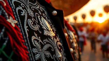 Embroidered charro jacket with silver embellishments, rich red and green threads, festive papel picado in soft focus.