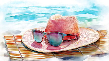sunhat and sunglasses in watercolor painting style summer background