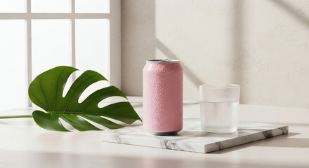 Naklejka premium A chilled pink aluminum can, a vibrant monstera leaf, and a clear glass of water sit on a marble surface in soft window light.
